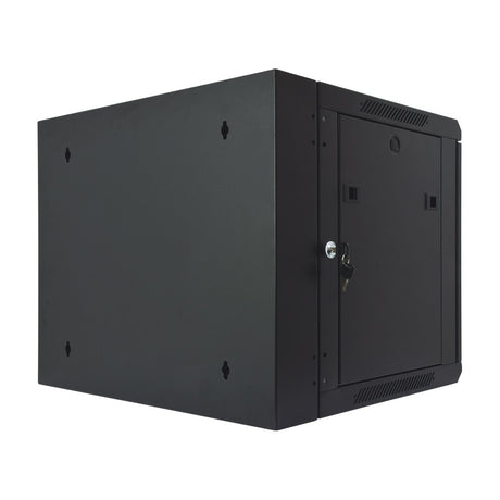 Adastra HC9U450 hinged 9U 19" rack cabinet in matte black steel, shown at an angle with lockable front door, key, and vented top panel on a plain white background.