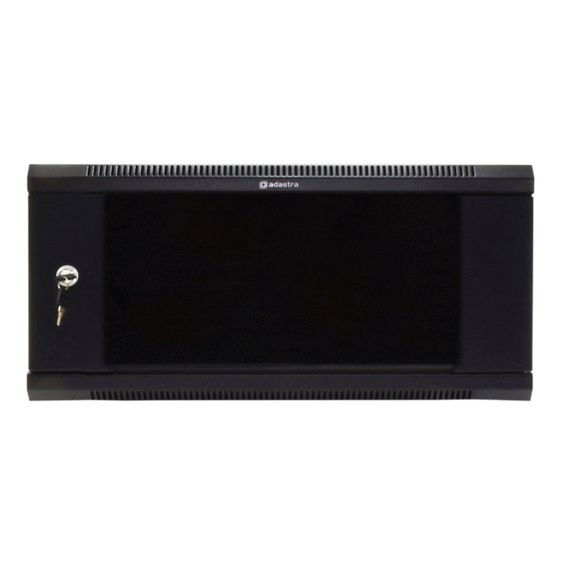 The Adastra Rack Cabinet - 4U x 600mm is a sleek black wall-mounted server cabinet featuring a lockable front glass door and adjustable rack strips. The Adastra logo is prominently displayed at the top center, offering both style and security. Vents on the top and bottom of the cabinet ensure ample airflow for optimal performance.