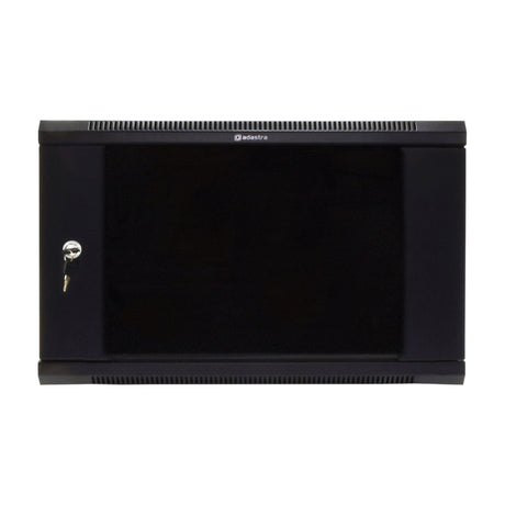 Adastra RC6U600 6U rack cabinet in black steel with lockable glass front door and key, top and bottom vents, on a white background.