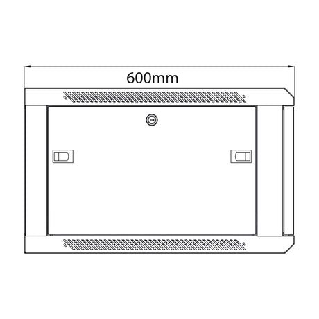 Front view line drawing of the Adastra RC6U600 6U 600mm rack cabinet with vented perforated door panel, twin latches, key lock, and metal frame.