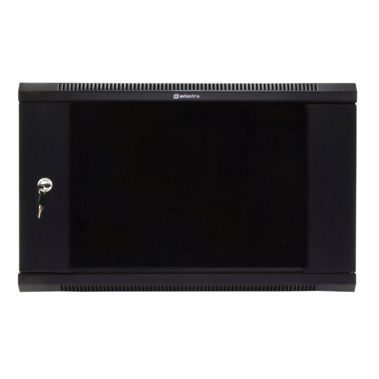 The Adastra Rack Cabinet - 6U x 600mm is a black wall-mounted AV equipment rack designed for rack-mount equipment. It comes with a lockable front door, complete with a key in the lock, and features ventilation slats at both the top and bottom. Additionally, the cabinet includes removable side panels for easy access.
