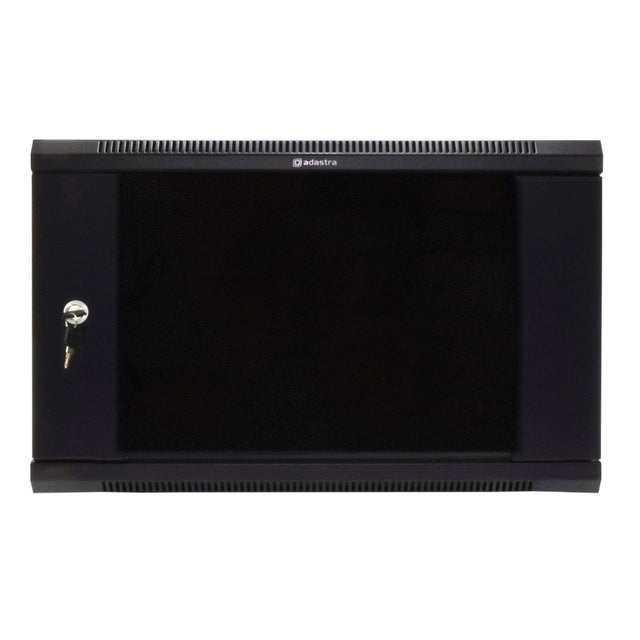 The Adastra Rack Cabinet - 6U x 600mm is a black wall-mounted AV equipment rack designed for rack-mount equipment. It comes with a lockable front door, complete with a key in the lock, and features ventilation slats at both the top and bottom. Additionally, the cabinet includes removable side panels for easy access.