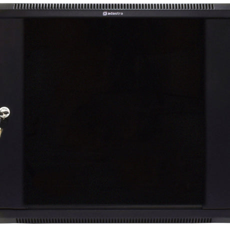 Adastra RC9U600 9U 600mm deep 19" rack cabinet in black steel with vented top and bottom panels, lockable glass door and key.