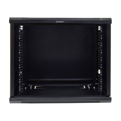 Adastra RC9U600 9U 600mm deep 19" rack cabinet with open front view, black steel frame, mounting rails, and vented top and bottom panels.