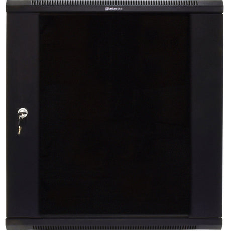 Adastra RC12U600 12U rack cabinet with black glass front door, key lock, and vented top panel on a plain background.