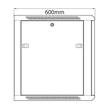 Front view line drawing of the Adastra RC12U600 12U rack cabinet, 600mm wide, with vented top and bottom panels, glass door, key lock and side handles.