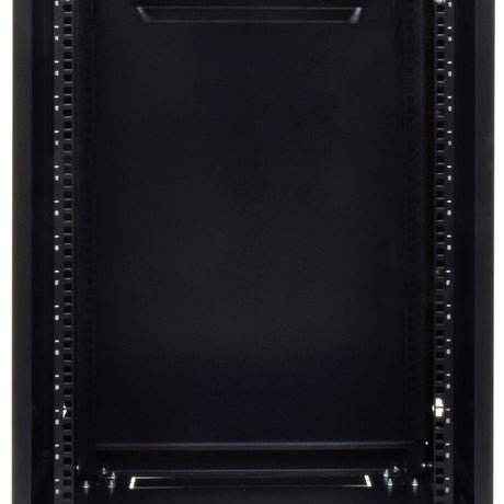 Adastra RC15U600 15U lockable 19" rack cabinet by AVSL, front view showing numbered mounting strips and tempered glass door in matte black finish.