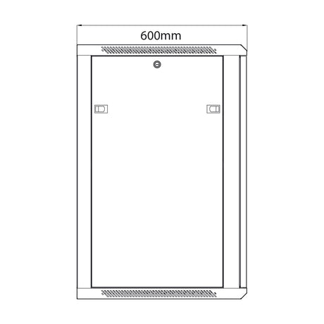 Line drawing of the Adastra RC18U600 18U steel rack cabinet showing the 600mm width, glass front door with lock, and vented top and bottom panels.