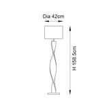 Dimension diagram of the Endon Alcott floor lamp showing a spiral base with cylinder shade, 158.5cm height and 42cm shade diameter.