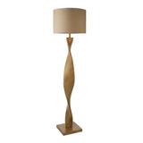 Endon Alcott floor lamp with a spiralling light oak effect wooden base and natural linen cylinder shade, shown on a plain white background.