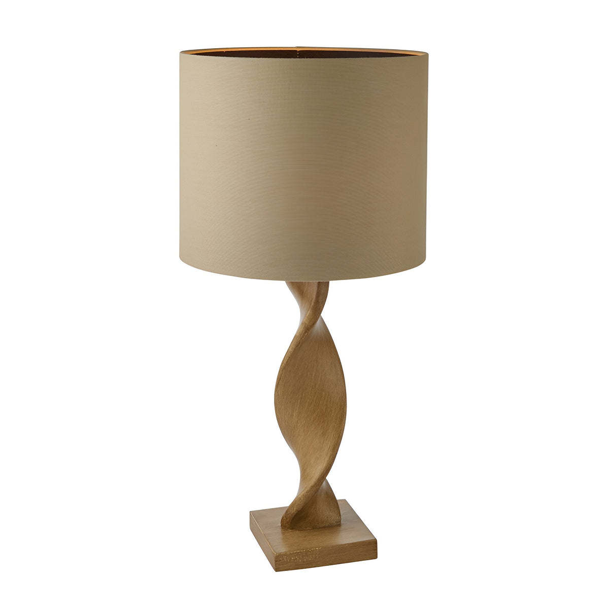 Alcott Table Lamp in Natural, featuring a spiral light oak-effect wood base and a natural linen cylinder shade, shown on a plain white background.