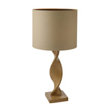 Alcott Table Lamp in Natural, featuring a spiral light oak-effect wood base and a natural linen cylinder shade, shown on a plain white background.