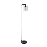 Cranmere Floor Lamp in matt black metal with a curved arm, round base, and clear glass shade exposing an E27 bulb, shown on a plain white background.