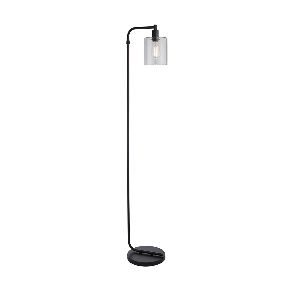 Cranmere Floor Lamp with curved matt black metal arm, clear glass cylindrical shade, visible E27 bulb, and round base, on white background.