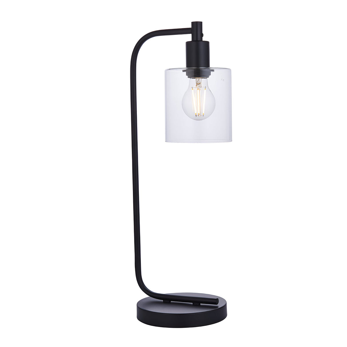 Endon Cranmere table lamp in matt black with an arched metal stand, clear glass cylinder shade and exposed filament bulb, on a plain white background.