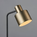 Close-up of the Carlbourne Table Lamp's cylindrical shade in matt antique brass, angled on a black rod and joint, against a plain grey background.