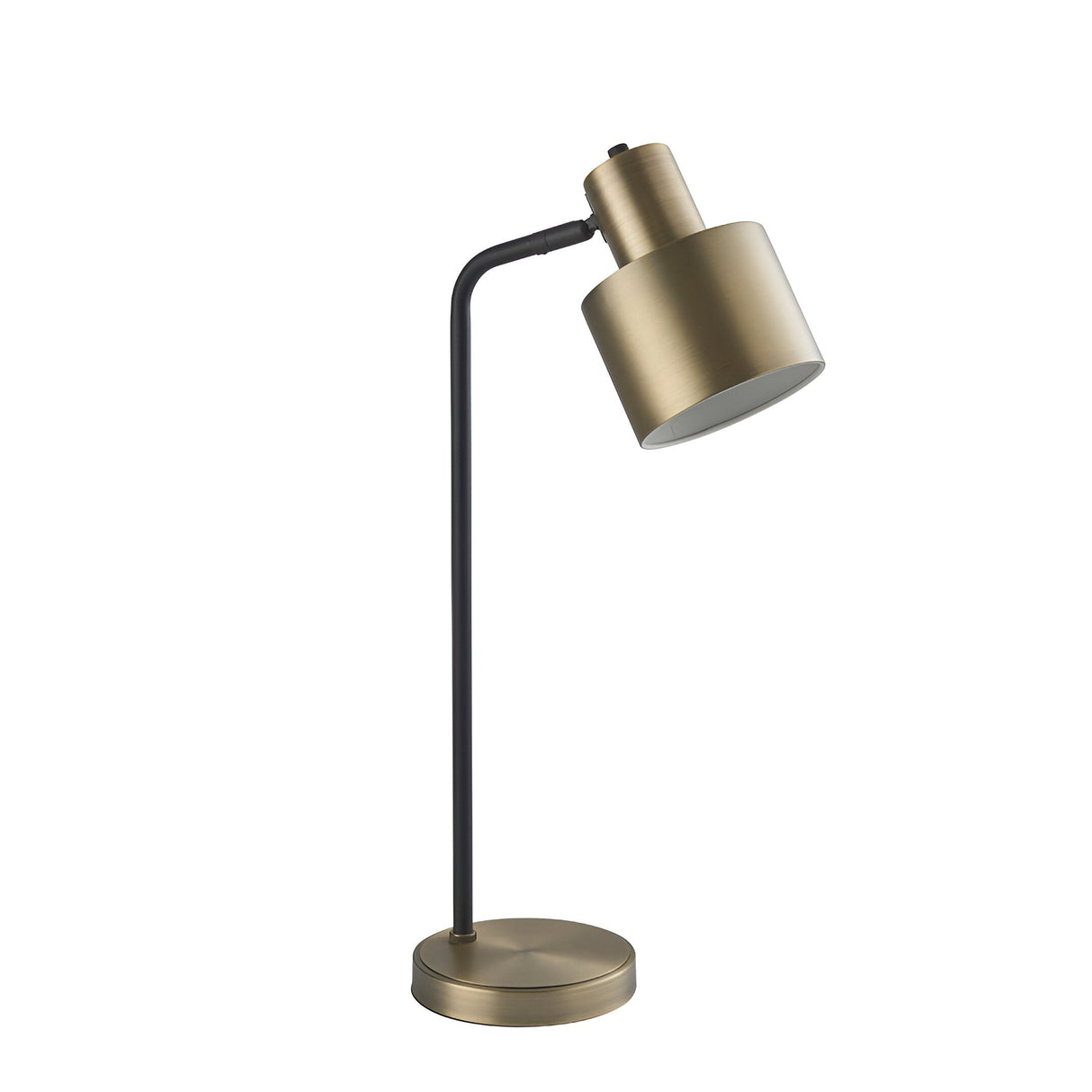 Carlbourne Table Lamp in matt antique brass and black, with a black stem, round brass base, and adjustable cylindrical shade, shown on a plain white background.
