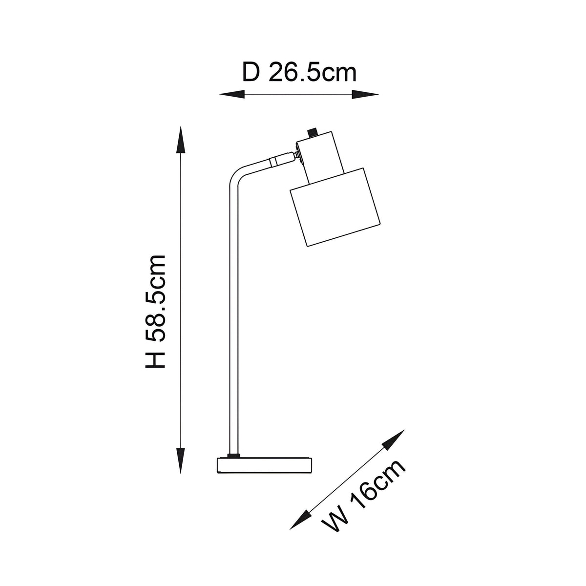 Line drawing of the Carlbourne Table Lamp in brass and black, showing curved arm, rectangular shade and dimensions: H58.5cm, D26.5cm, W16cm.