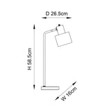 Line drawing of the Carlbourne Table Lamp in brass and black, showing curved arm, rectangular shade and dimensions: H58.5cm, D26.5cm, W16cm.