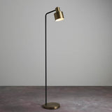 Carlbourne Floor Lamp in brass and black, tall slim frame with angled cylindrical shade on a round base, shown against a plain grey background.