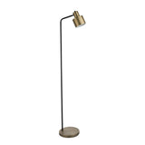 Carlbourne Floor Lamp in matt black and brass, industrial style with angled arm, cylindrical shade and round base, on a white background.