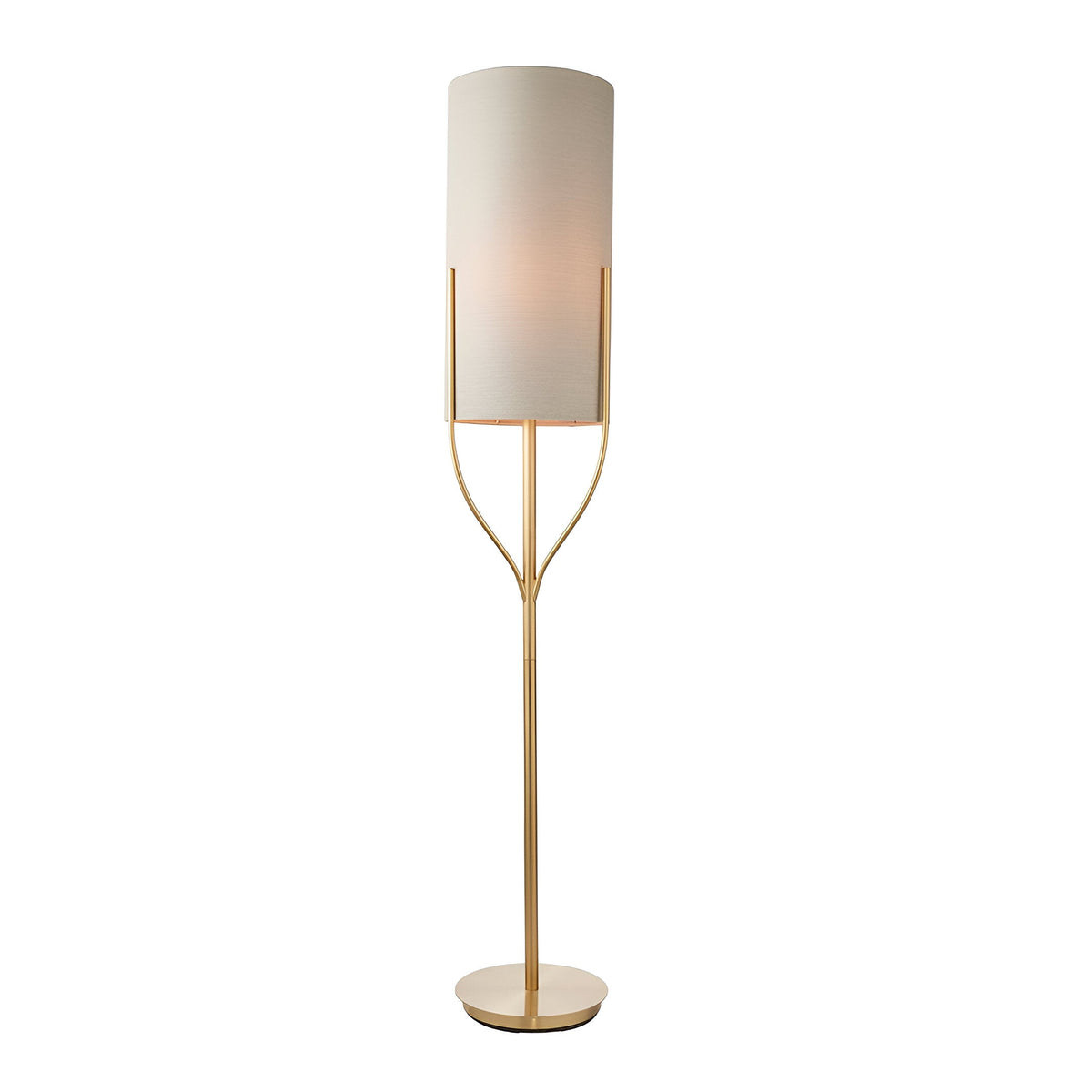 Endon Bramdon floor lamp with satin brass stem and natural linen cylinder shade on a round base, shown against a plain white background.