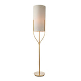 Endon Bramdon floor lamp with satin brass stem and natural linen cylinder shade on a round base, shown against a plain white background.