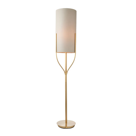 Endon Bramdon floor lamp with satin brass stem and natural linen cylinder shade on a round base, shown against a plain white background.