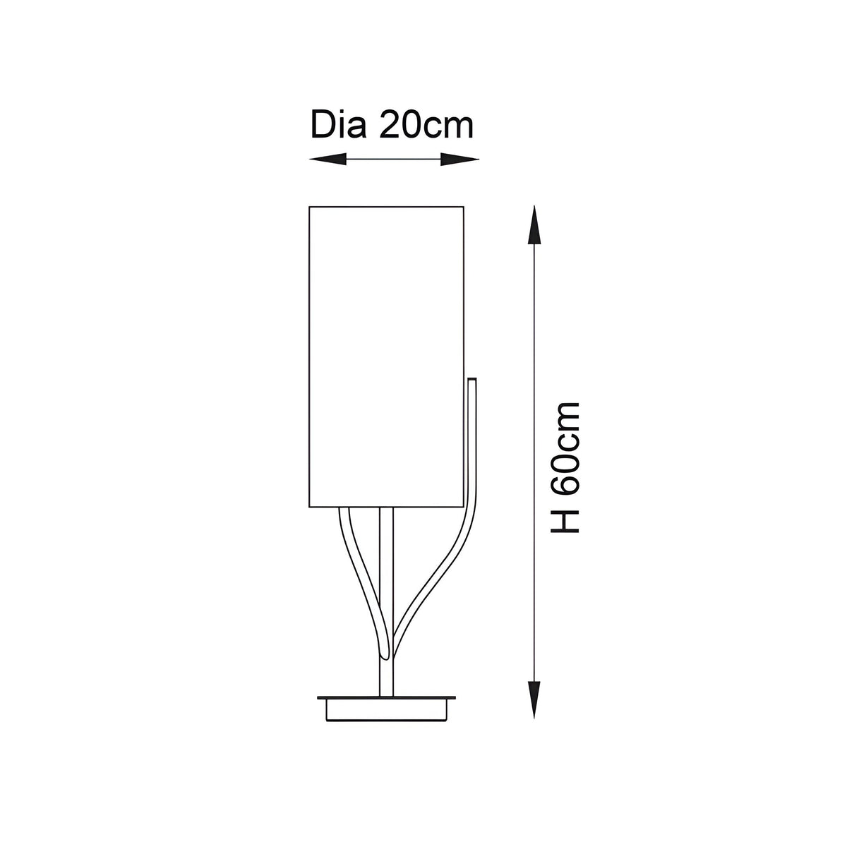 Dimension diagram of the Endon Bramdon table lamp showing a 20cm diameter cylinder shade and 60cm height on a plain white background.