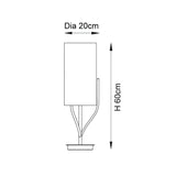 Dimension diagram of the Endon Bramdon table lamp showing a 20cm diameter cylinder shade and 60cm height on a plain white background.