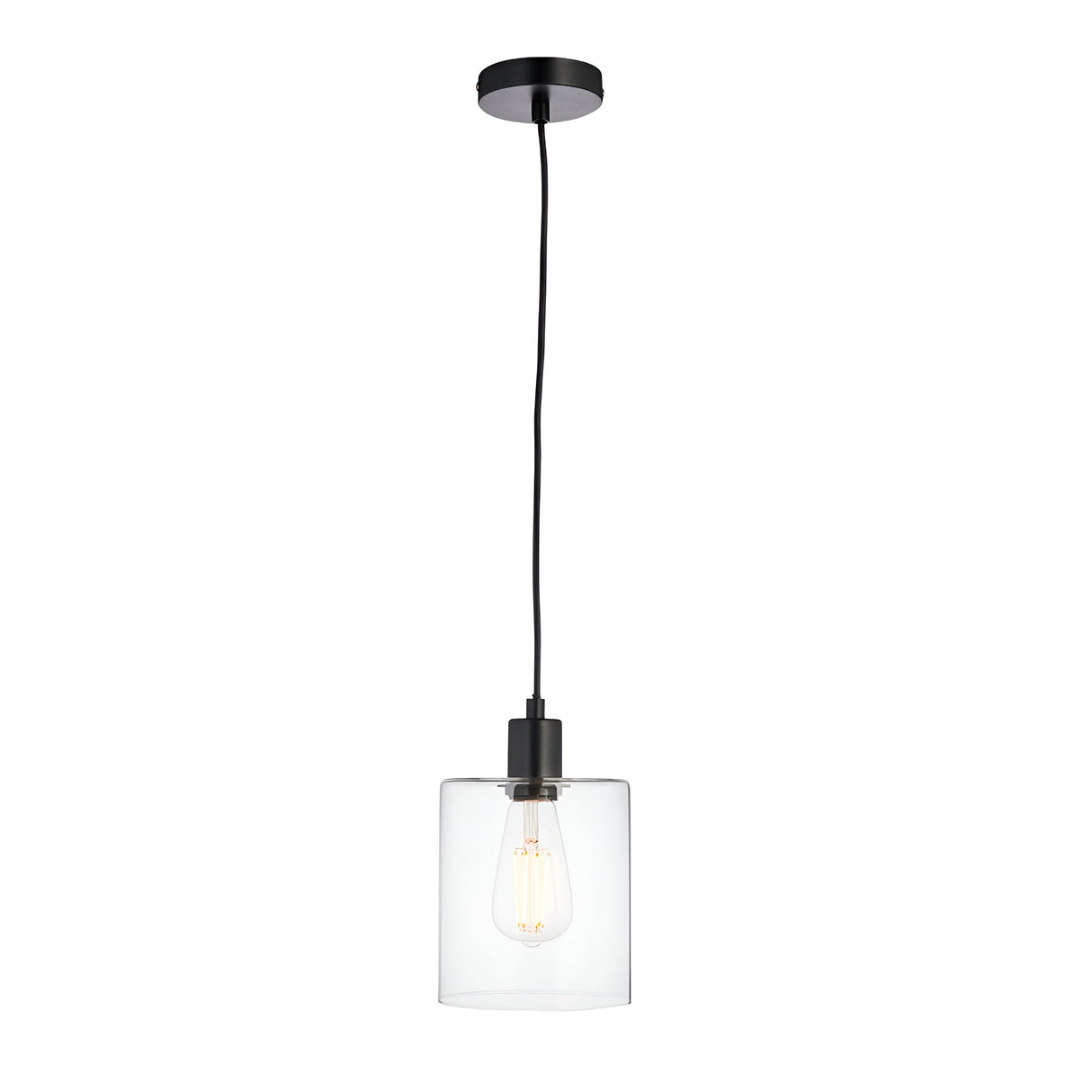 Endon Cranmere pendant light in matt black with a compact clear glass cylinder shade and E27 bulb on a long black flex, shown on a white background.
