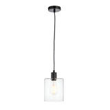 Endon Cranmere pendant light in matt black with a compact clear glass cylinder shade and E27 bulb on a long black flex, shown on a white background.