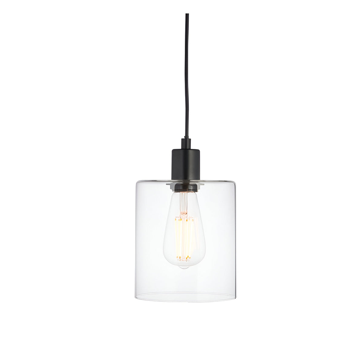 Endon Cranmere pendant light in matt black with a compact clear glass cylindrical shade and exposed filament bulb on a black flex, shown on a white background.