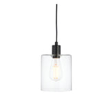Endon Cranmere pendant light in matt black with a compact clear glass cylindrical shade and exposed filament bulb on a black flex, shown on a white background.