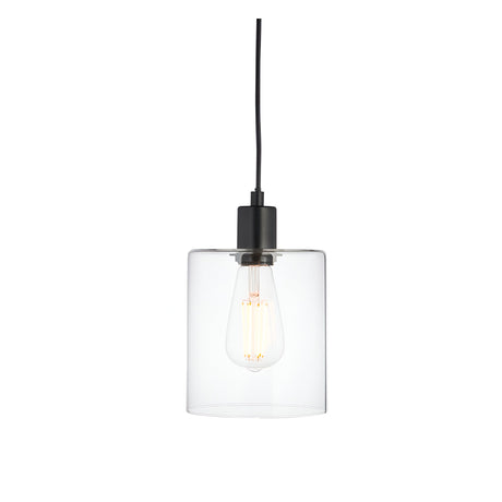 Endon Cranmere pendant light in matt black with a compact clear glass cylindrical shade and exposed filament bulb on a black flex, shown on a white background.