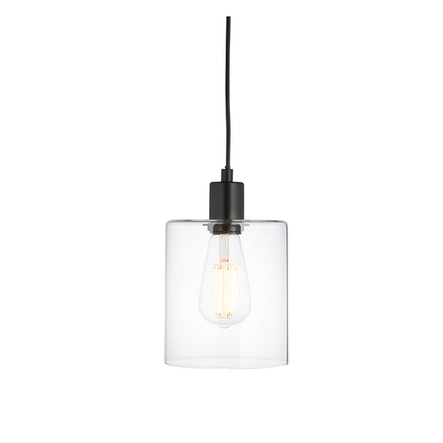Endon Cranmere pendant light in matt black with a compact clear glass cylindrical shade and exposed filament bulb on a black flex, shown on a white background.