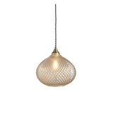 Endon Caldstead pendant light with champagne reflective glass shade in onion shape, antique brass fitting and black twisted fabric flex, on white background.