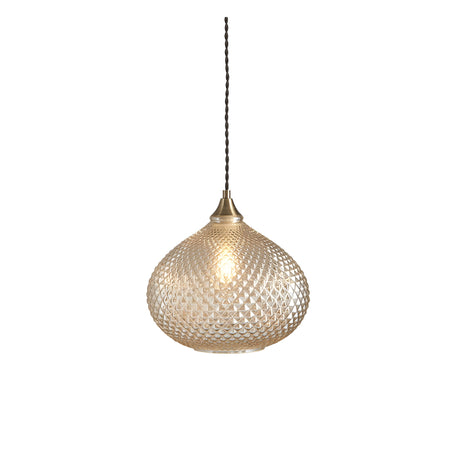 Endon Caldstead pendant light with champagne reflective glass shade in onion shape, antique brass fitting and black twisted fabric flex, on white background.