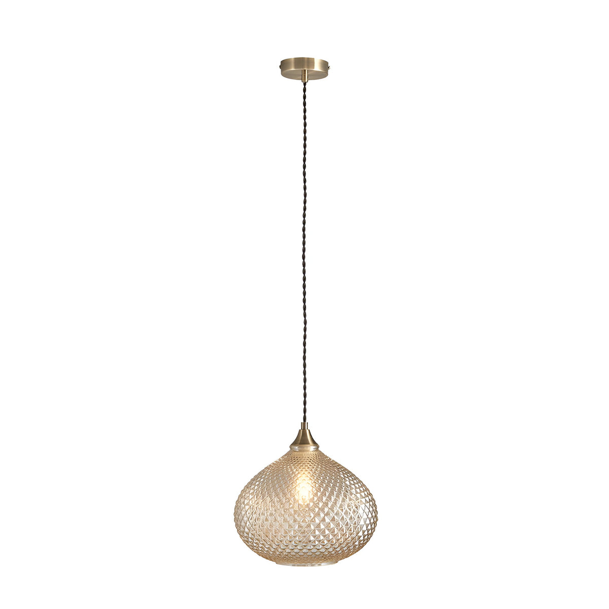 Endon Caldstead pendant light with antique brass fitting, black twisted fabric flex and champagne glass shade in a textured teardrop shape, on white.