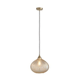 Endon Caldstead pendant light with antique brass fitting, black twisted fabric flex and champagne glass shade in a textured teardrop shape, on white.