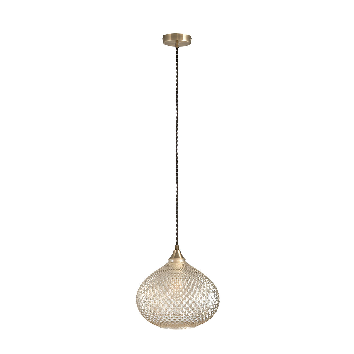 Endon Caldstead pendant light with textured champagne glass shade and antique brass fitting on black twisted flex, shown on a white background.