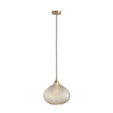 Endon Caldstead pendant light with textured champagne glass shade and antique brass fitting on black twisted flex, shown on a white background.