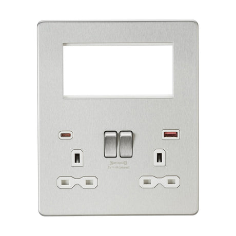 Small Multimedia Combo Plate + Dual USB A+C 12V DC 1.5A (Max. 18W) - Brushed Chrome w/White Insert