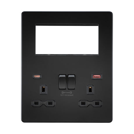 Small Multimedia Combo Plate + Dual USB A+C 12V DC 1.5A (Max. 18W) - Matt Black w/Black Insert