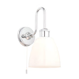 Chartdon Bathroom Wall Light in chrome, featuring a swan-neck arm with knurled detailing and a gloss opal glass shade, shown on a plain white background.