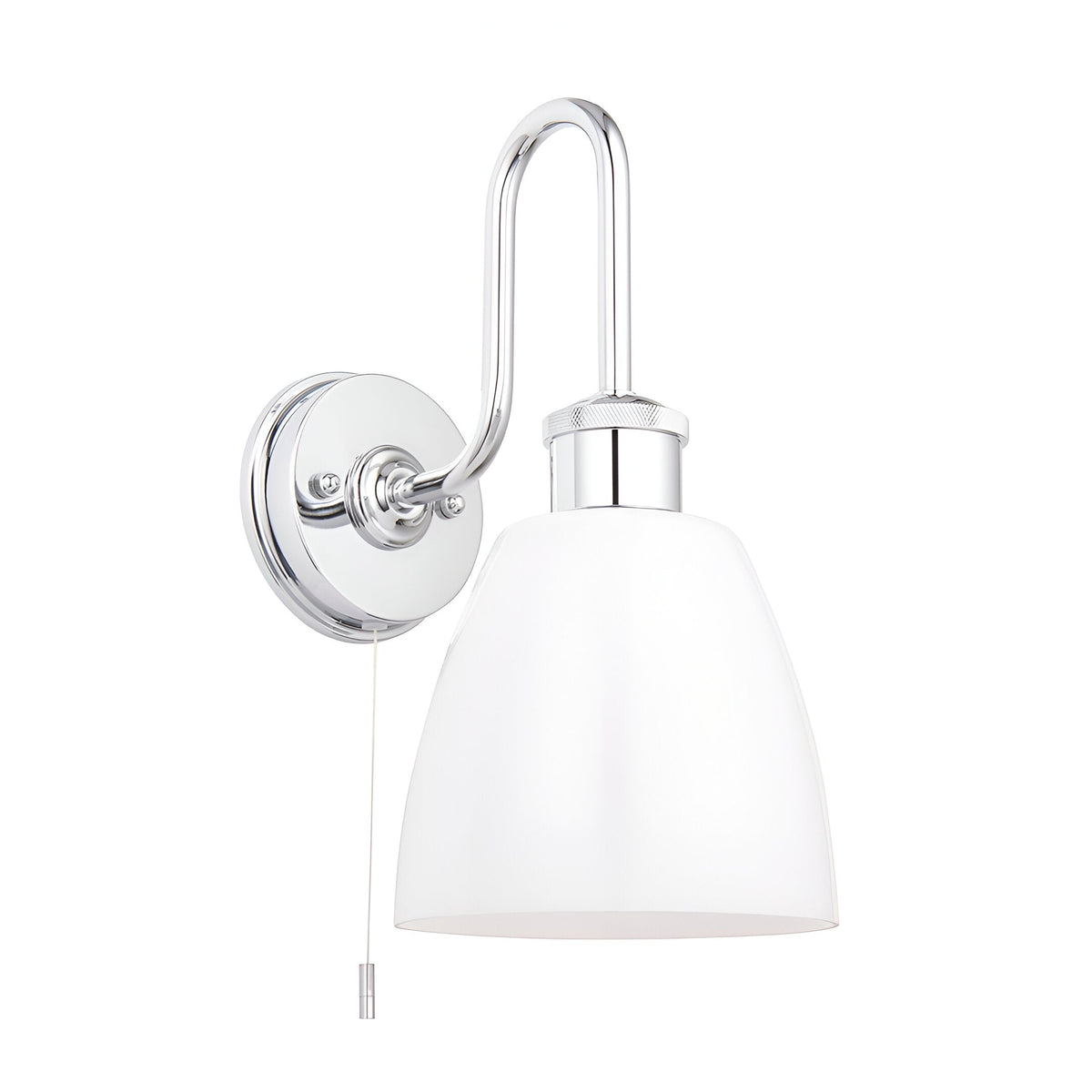 Chartdon polished chrome bathroom wall light with swan-neck arm, knurled ring detail, gloss opal glass shade, and pull-cord switch.