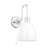 Chartdon polished chrome bathroom wall light with swan-neck arm, knurled ring detail, gloss opal glass shade, and pull-cord switch.