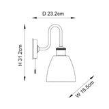 Line drawing of the Chartdon Bathroom Wall Light in chrome with swan-neck arm, opal glass shade and pull-cord switch, H31.2cm D23.2cm W15.5cm.