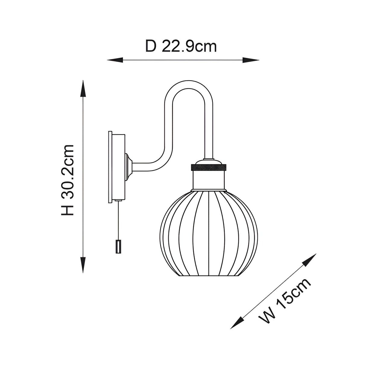 Dimensioned line drawing of the Endon Brockshaw bathroom wall light, showing 30.2cm height, 22.9cm projection and 15cm width on a white background.