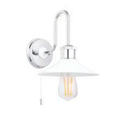 Cardew Bathroom Wall Light in polished chrome with a swan-neck arm, gloss white coolie shade, pull-cord switch and E27 bulb, shown on a plain white background.